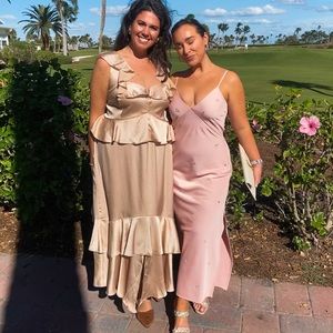 Light pink satin slip dress with gems